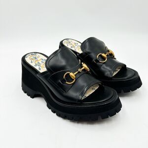 Gucci Platform Horsebit Cordovan Sandals Mules Chunky Slides EU 36.5 US 6.5